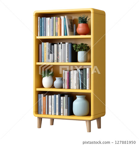 Modern yellow bookshelf with plants and decorative pots filled with books and home decor elements in a cozy living space 127881950