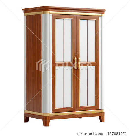 Elegant wooden wardrobe with white panels and gold accents, ideal for modern interior design and organization Elegant wooden wardrobe with white panels and gold accents, ideal for modern interior design and organization 127881951