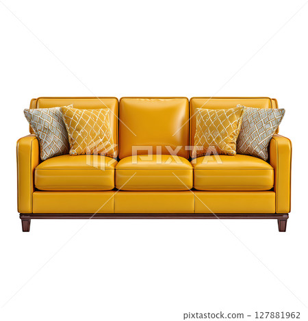 Bright Yellow Sofa with Decorative Cushions in Modern Living Room Setting for Stylish Home Decor 127881962