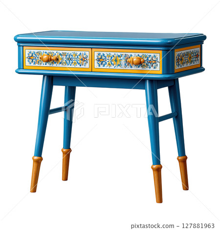 Vibrant Blue Wooden Table with Floral Design and Two Drawers for Stylish Home Decor and Functional Use 127881963