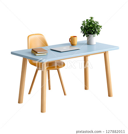 Modern minimalistic desk with chair, plant, coffee cup, and notepad in bright workspace setting for productivity and design Modern minimalistic desk with chair, plant, coffee cup, and notepad in bright workspace setting for productivity and design 127882011