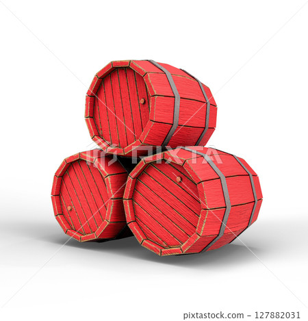 Stack of Three Red Wooden Barrels Isolated on White Background. 3D Illustration. File with Clipping Path Stack of Three Red Wooden Barrels Isolated on White Background. 3D Illustration. File with Clipping Path 127882031