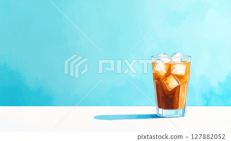 淡水彩畫的冰咖啡和餐桌場景 127882052