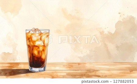柔和米色背景上水彩冰咖啡插圖 127882053