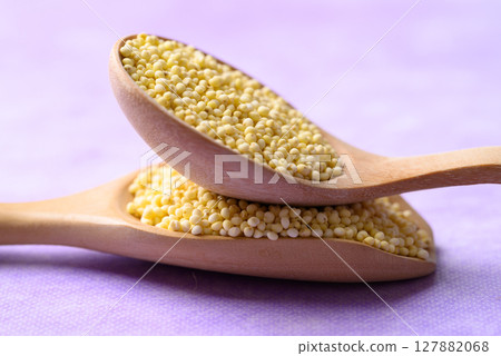 Yellow millet grain in wooden spoon on purple background, Food ingredient Yellow millet grain in wooden spoon on purple background, Food ingredient 127882068