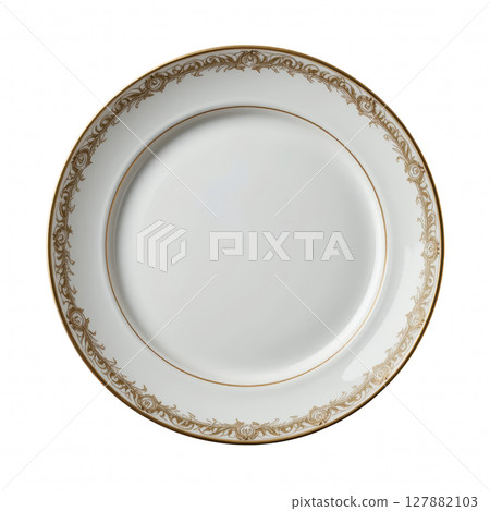 luxurious porcelain dinner plate with round shape and elegant gold detailing, perfect for upscale dining experiences 127882103