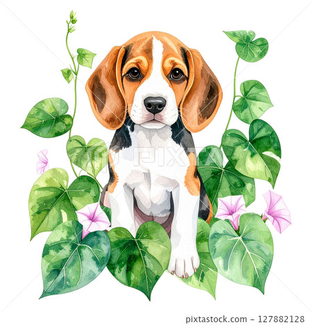 牽牛花和小獵犬的水彩插圖3/傳單和海報材料 127882128