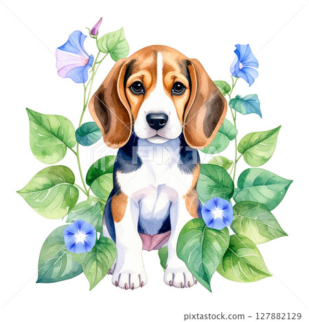 牽牛花和小獵犬的水彩插圖 4 / 傳單和海報材料 127882129