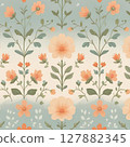 Scandinavian floral pattern with orange flowers and green leaves 127882345