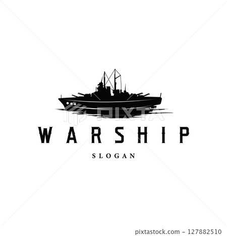 Military warship logo design, war ocean transport with ship icon with heavy weapons with black silhouette as brand template symbol and illustration 127882510