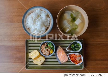 A classic Japanese breakfast set with grilled salmon, natto, rolled egg, and miso soup A classic Japanese breakfast set with grilled salmon, natto, rolled egg, and miso soup 127882616