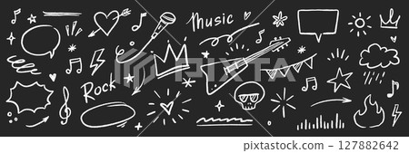 Doodle icon drawn punk music sketch set. Punk brush stroke texture with grunge lightning, arrow, speech bubble icon. Vector drawn guitar, crown, fire, crayon arrow doodle line. Vector Doodle icon drawn punk music sketch set. Punk brush stroke texture with grunge lightning, arrow, speech bubble icon. Vector drawn guitar, crown, fire, crayon arrow doodle line. Vector 127882642