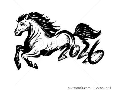 Horse Galloping with 2026 Brush Stroke Text for New Year Celebrations Horse Galloping with 2026 Brush Stroke Text for New Year Celebrations 127882681