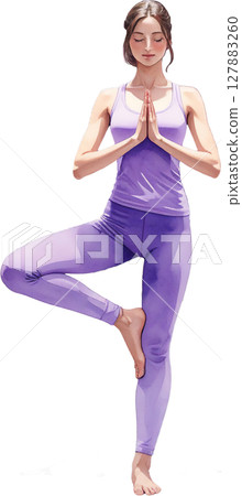 Watercolor style yoga illustration of a woman doing tree pose Watercolor style yoga illustration of a woman doing tree pose 127883260
