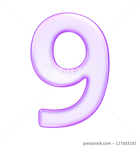 Number nine in translucent glassmorphism purple styl, useful for infographics, UI ranking, or step indicators, 3d rendering 127883281