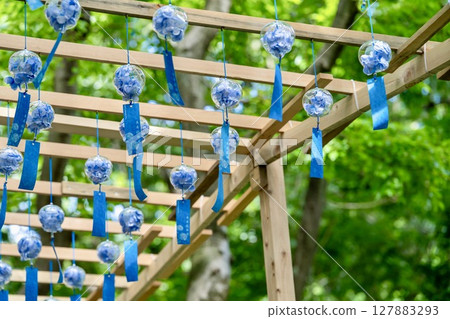 A Japanese landscape in early summer with hydrangea wind chimes swaying 127883293