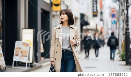 Urban trench coat woman portrait 127883311