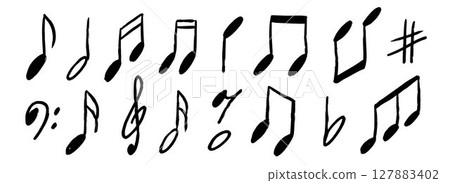 Hand drawn music notes set. Chalk doodled musical symbol collection. Charcoal brush scribbled music sign bundle. Crayon textured sketched music clefs and keys pack. Sound elements. Vector 127883402