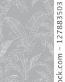 White outline banana leaves arranged in a seamless vector pattern over a plain gray backdrop, suitable for wallpaper or fabric, vector and illustration. 127883503