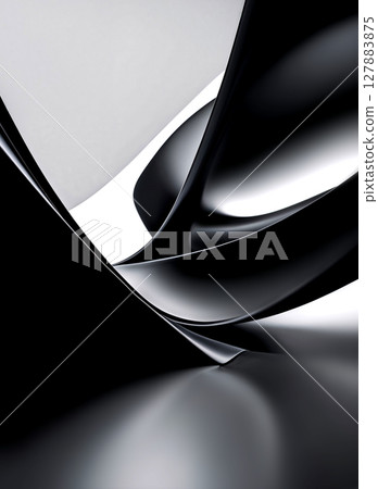 Minimal abstract scene with glossy, curves in black and white tones, forming an elegant interplay of light, shadow, and modern geometric aesthetics. 127883875