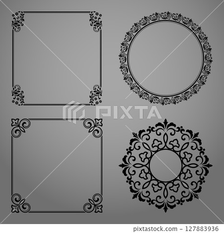Set of decorative frames Elegant vector element for design in Eastern style, place for text. Floral black and gray borders. Lace illustration for invitations and greeting cards Set of decorative frames Elegant vector element for design in Eastern style, place for text. Floral black and gray borders. Lace illustration for invitations and greeting cards 127883936