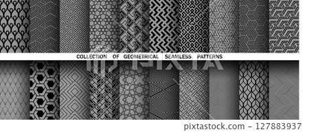 Geometric set of seamless black and gray patterns. Simple vector graphics Geometric set of seamless black and gray patterns. Simple vector graphics 127883937