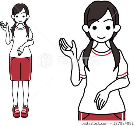 一名身穿運動服的高中女生舉起右手引導 127884091