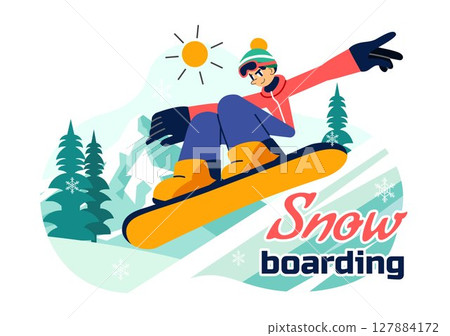 Snowboarding Vector Illustration Featuring People Sliding and Jumping on a Snowy Mountain Slope During Winter in a Flat Style Cartoon Background 127884172