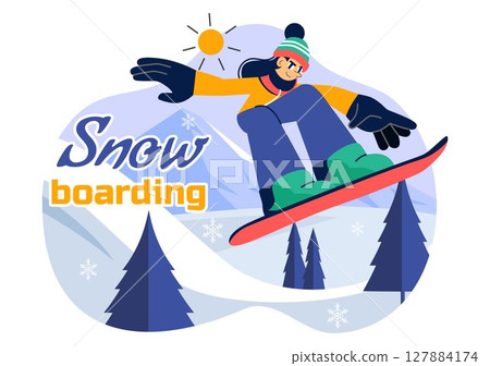 Snowboarding Vector Illustration Featuring People Sliding and Jumping on a Snowy Mountain Slope During Winter in a Flat Style Cartoon Background 127884174