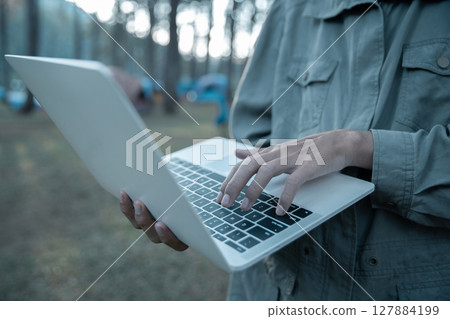 Future remote work combines technology nature smart phone enable e-learning productivity while traveling blending comfort modern devices serenity computer equipment business connection natural world Future remote work combines technology nature smart phone enable e-learning productivity while traveling blending comfort modern devices serenity computer equipment business connection natural world 127884199