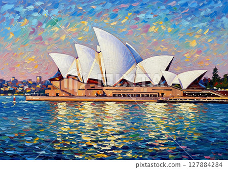 An impasto oil painting of the Sydney Opera House at sunset, its iconic sails reflected on the textured water. 127884284