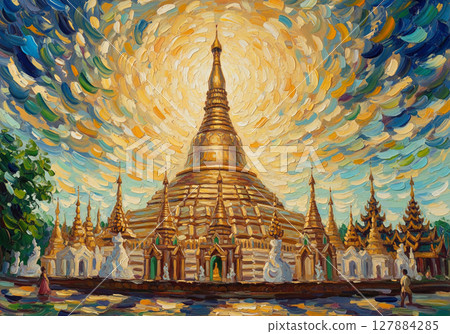 An impasto oil painting of the magnificent golden Shwedagon Pagoda under a swirling, celestial sky. 127884285