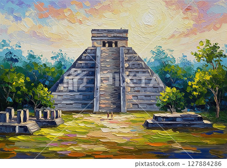 An impasto oil painting captures Chichen Itza's pyramid, bathed in the soft glow of sunset, surrounded by lush trees. 127884286