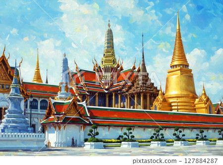 An impasto oil painting captures the Grand Palace in Bangkok, showcasing its vibrant colors and intricate Thai architecture under a bright sky. An impasto oil painting captures the Grand Palace in Bangkok, showcasing its vibrant colors and intricate Thai architecture under a bright sky. 127884287