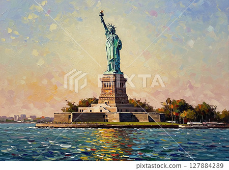 An impasto oil painting of the Statue of Liberty, majestic against a bright sky, with shimmering water reflections. 127884289