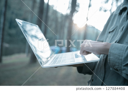 Future remote work combines technology nature smart phone enable e-learning productivity while traveling blending comfort modern devices serenity computer equipment business connection natural world 127884408