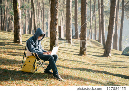 Future remote work combines technology nature smart phone enable e-learning productivity while traveling blending comfort modern devices serenity computer equipment business connection natural world Future remote work combines technology nature smart phone enable e-learning productivity while traveling blending comfort modern devices serenity computer equipment business connection natural world 127884455