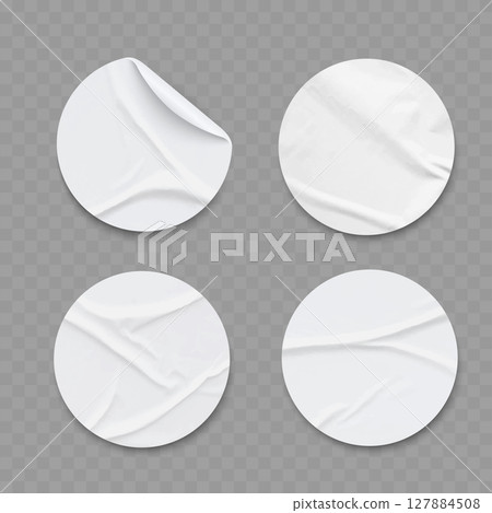 Realistic Round White Paper Stickers with Peel Effect and Wrinkles. Vector 127884508