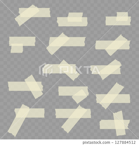 Realistic Set of Beige Adhesive Tape Pieces on Transparent Background. Vector 127884512