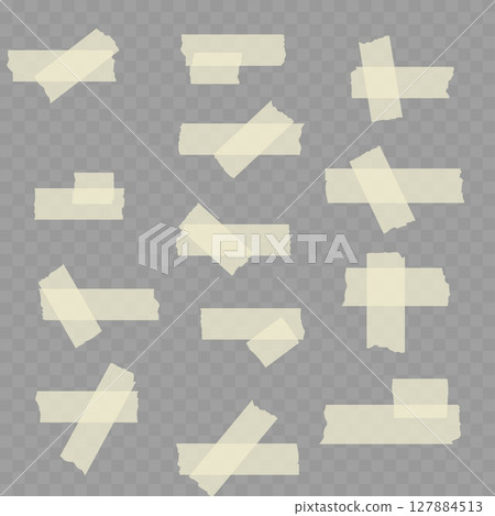 Realistic Set of Beige Adhesive Tape Pieces on Transparent Background. Vector 127884513