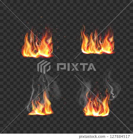 Realistic Fire Flames with Smoke and Sparks Set .Vector 127884517
