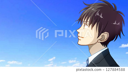 動漫風格的插圖，描繪了一位身穿制服的男學生或工作成年人的側面像，仰望藍天，面朝左側，左側有空間 127884588