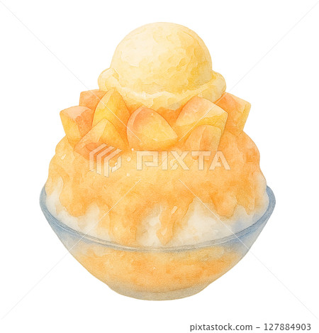 桃子刨冰和香草冰淇淋水彩插圖 127884903