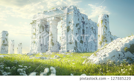 在陽光明媚的草地上,一座由白色石頭建造的寺廟遺址 在陽光明媚的草地上,一座由白色石頭建造的寺廟遺址 127885220