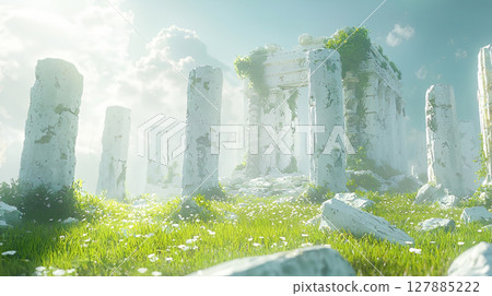 在陽光明媚的草地上,一座由白色石頭建造的寺廟遺址 在陽光明媚的草地上,一座由白色石頭建造的寺廟遺址 127885222