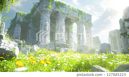 在陽光明媚的草地上,一座由白色石頭建造的寺廟遺址 在陽光明媚的草地上,一座由白色石頭建造的寺廟遺址 127885223