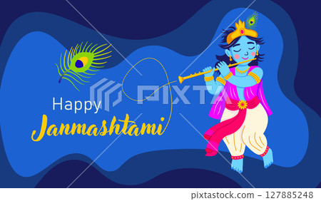 Happy Janmashtami festival banner with Krishna and flute Happy Janmashtami festival banner with Krishna and flute 127885248
