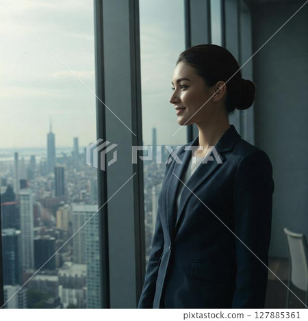 Smiling businesswoman working in the office 127885361