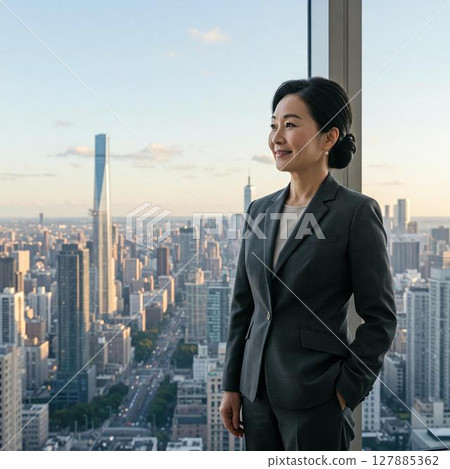 Smiling businesswoman working in the office 127885362