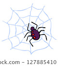 A hand-drawn spider with red spots on a light web.  127885410